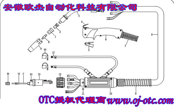 OTC water-cooled welding torch exploded view