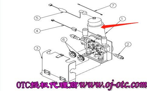 OTC DAIHEN AF4001 wire feeder with 4802-206 motor location marked by red arrow