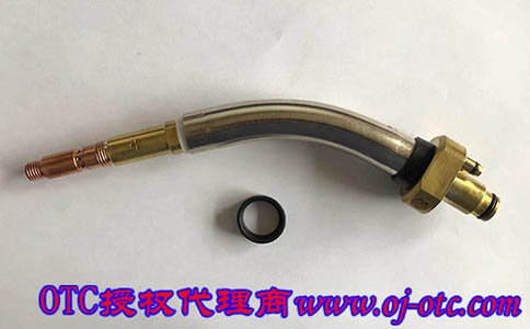 OTC DAIHEN L10611B00 curved robot welding torch body side view showing DAIHEN stamp