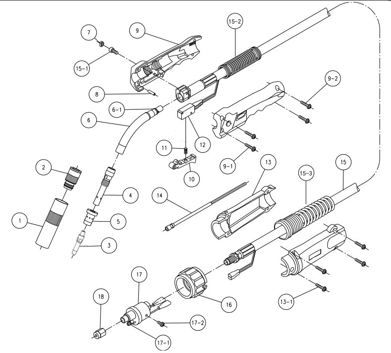 OTC Daihen WT3510SBD Manual Welding Torch Exploded View Diagram