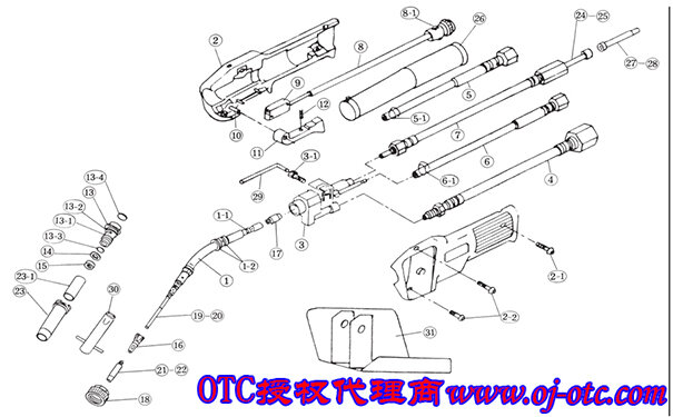 OTC Daihen WTCAW5002 Water-Cooled Welding Torch Exploded View Diagram