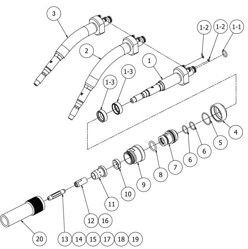OTC Daihen Water-Cooled Welding Torch RTW5000H RTW5000S RTW5000L Exploded View, Part Symbol Annotation
