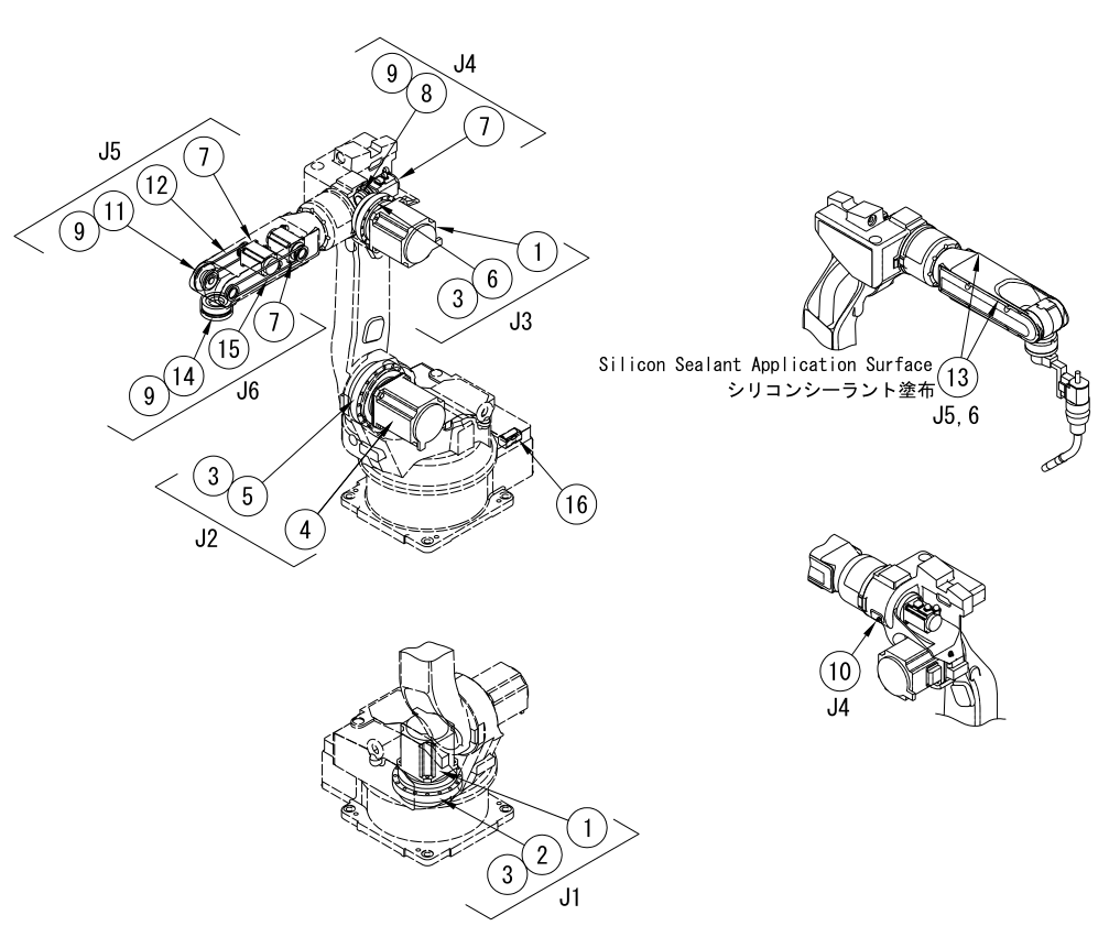 OTC Daihen AII-V6L A2-V6L extended arm robot complete exploded view, axes and part symbols annotated
