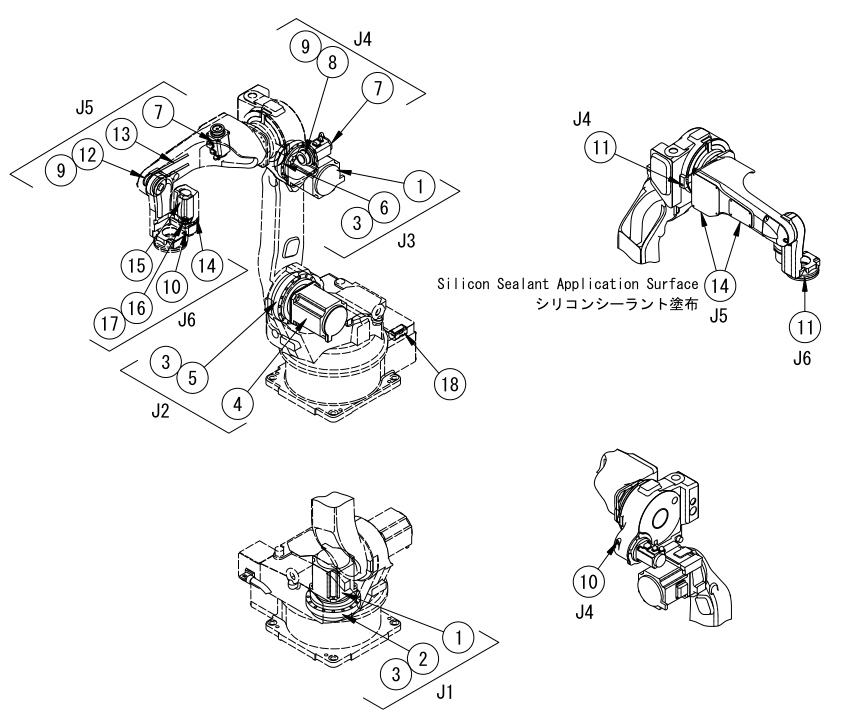 OTC DAIHEN AII-B4 A2-B4 welding robot complete exploded view with axis and part symbols