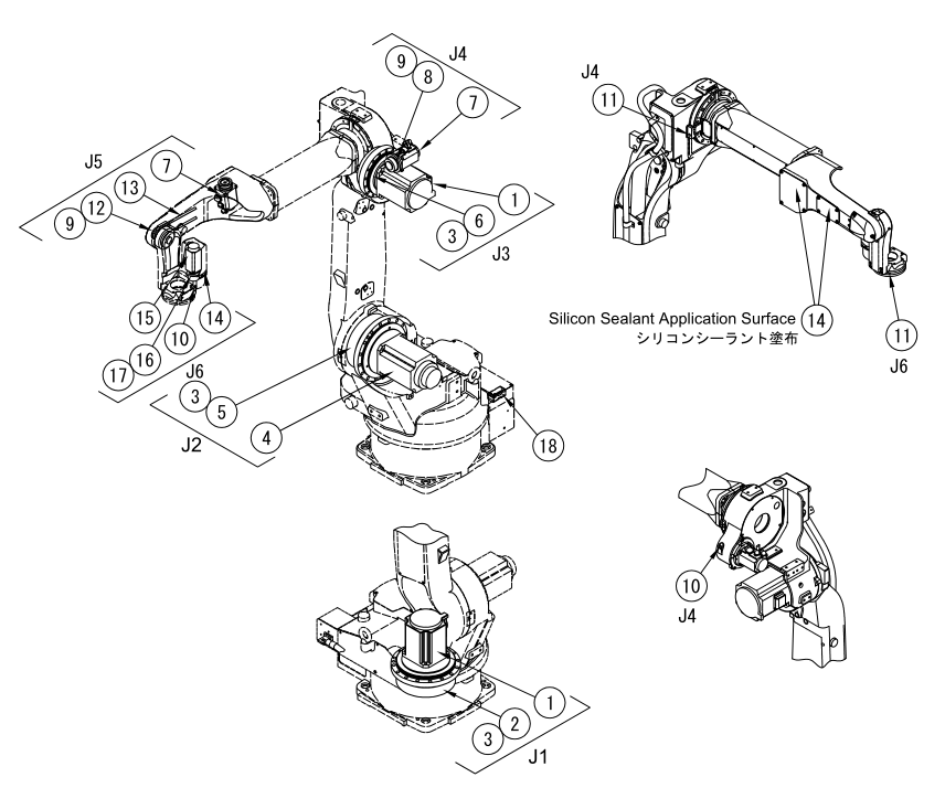OTC DAIHEN AII-B4L A2-B4L welding robot complete exploded view with axis and part symbols