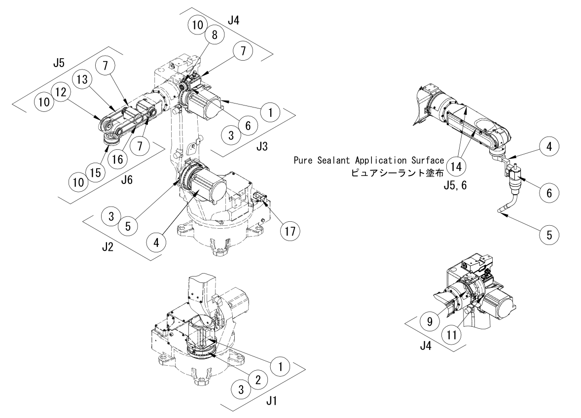 OTC DAIHEN FD-V6 industrial robot parts configuration diagram with axis and part symbols