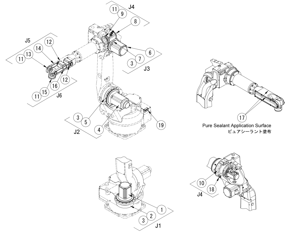 OTC DAIHEN FD-V6L welding robot complete exploded view, 2.0m reach external cable, axis and part symbols