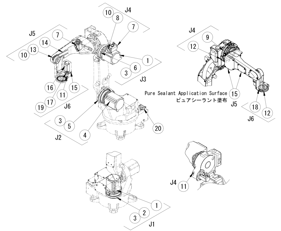 OTC DAIHEN FD-B4 welding robot complete exploded view with axis and part symbols