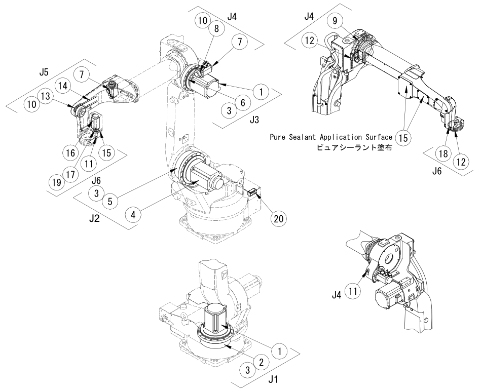 OTC DAIHEN FD-B4L welding robot complete exploded view, 2.0m reach external cable, axis and part symbols