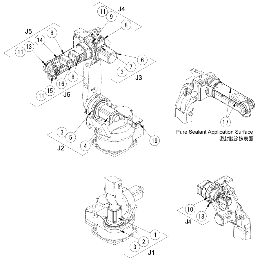 OTC DAIHEN FD-V20 industrial robot parts configuration diagram with axis and part symbols