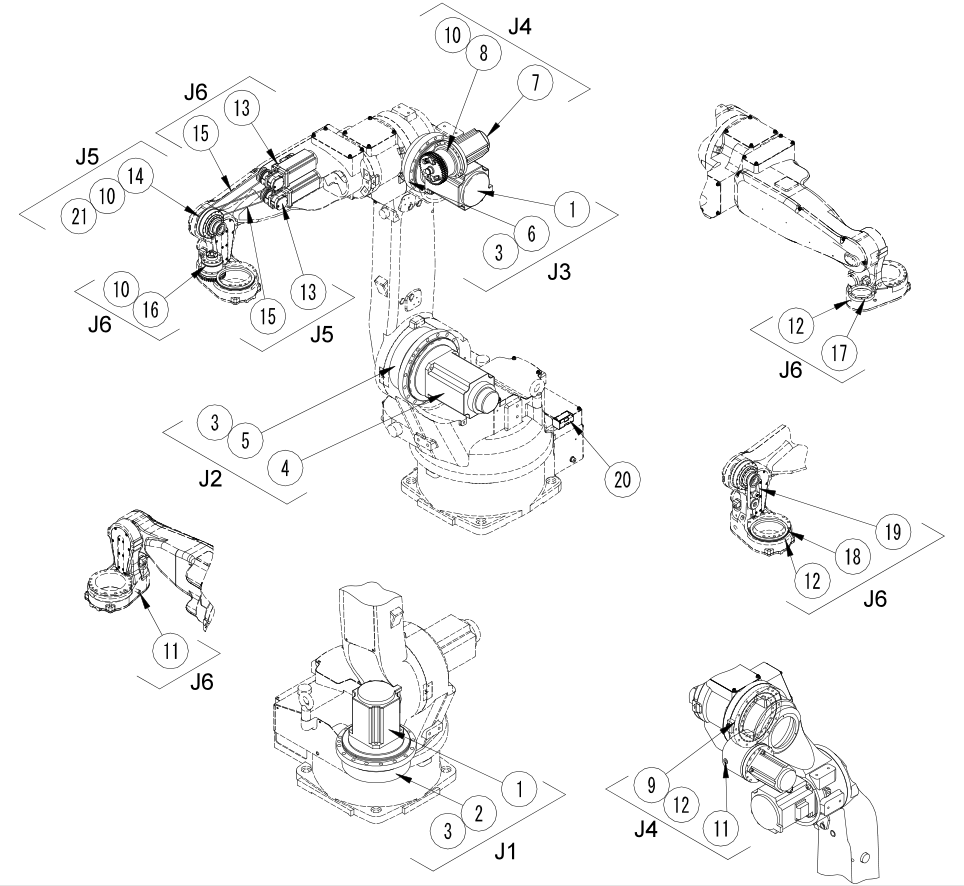 OTC DAIHEN FD-B15 industrial robot parts exploded view, 15kg through-arm robot axis and part symbols