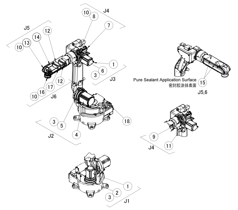 OTC DAIHEN FD-V8 industrial robot parts exploded view with axis and part symbols