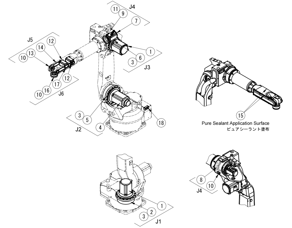 OTC DAIHEN FD-V8L welding robot complete exploded view, 2.0m reach external cable model, axis and part symbols