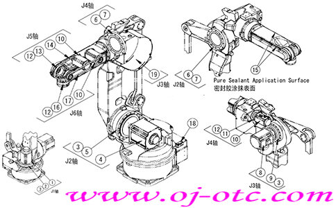 OTC DAIHEN FD11-A20 robot exploded view, axis and part symbols annotated