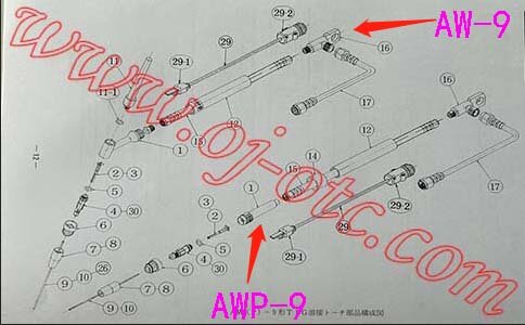 OTC TIG Torch AWP-9 and AW-9 Exploded View Diagram